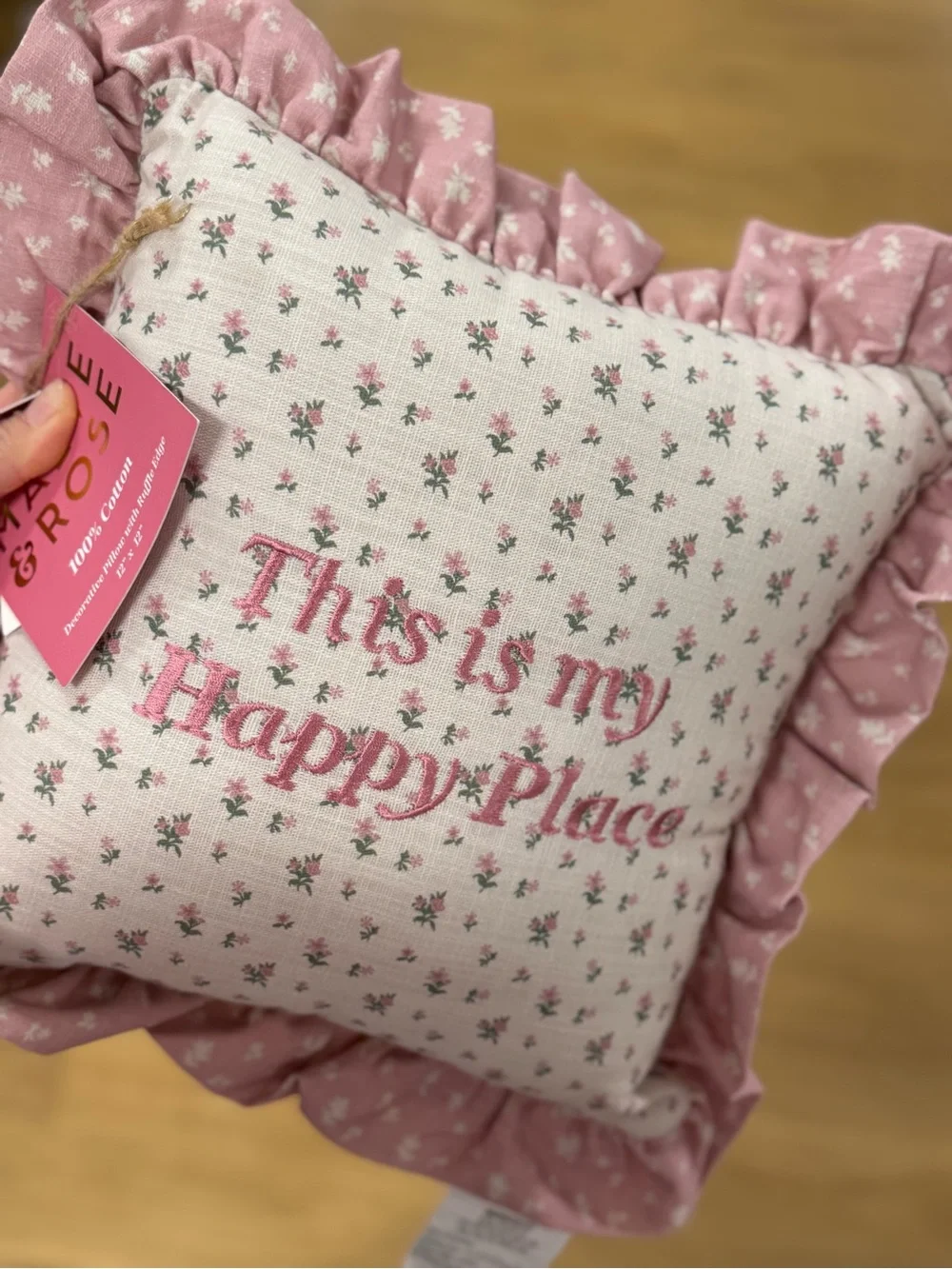 This Is My Happy Place Floral Ruffled Throw Pillow - Pink